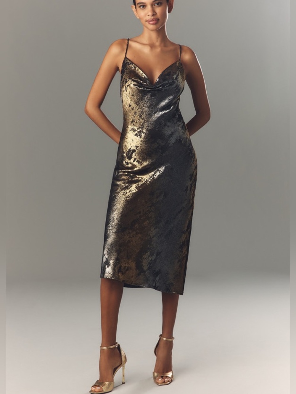 Maeve Anthropologie Bare Cowl Neck Slip Midi Dress Metallic Gold Black Size M